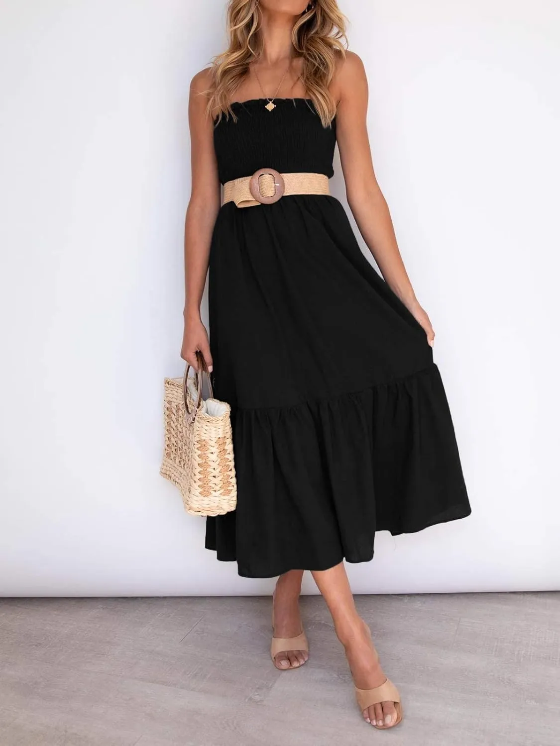ZESICA Women's Summer Strapless Dress Off Shoulder Sleeveless High Waist Solid Color Beach Long Dresses