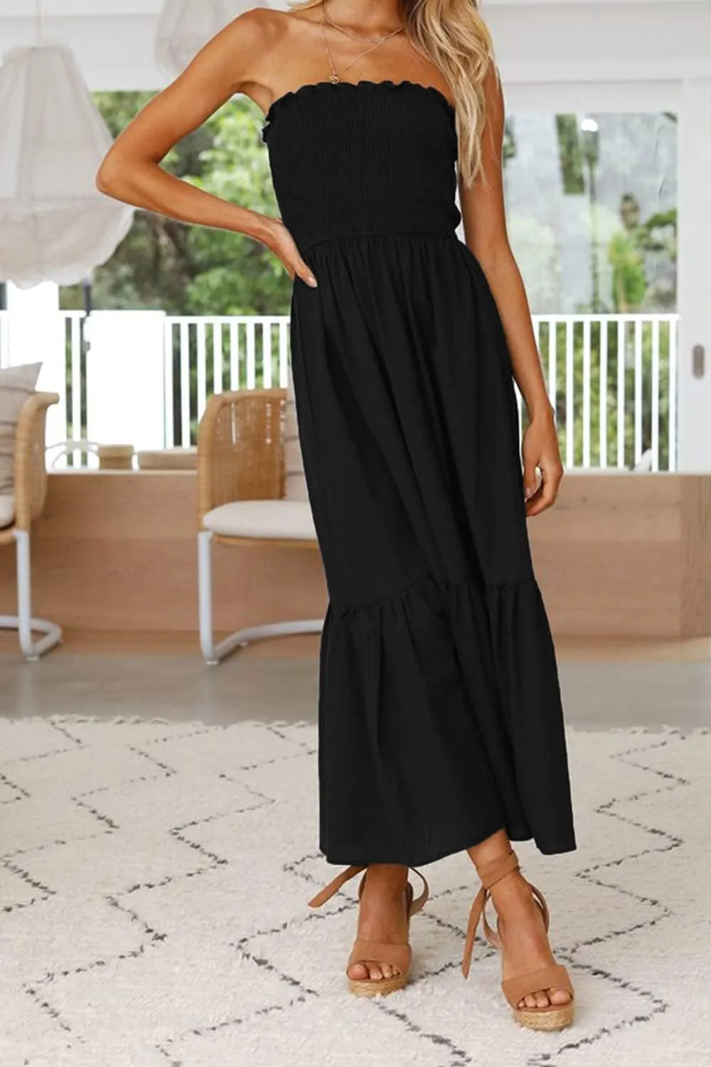 ZESICA Women's Summer Strapless Dress Off Shoulder Sleeveless High Waist Solid Color Beach Long Dresses