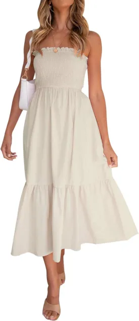ZESICA Women's Summer Strapless Dress Off Shoulder Sleeveless High Waist Solid Color Beach Long Dresses