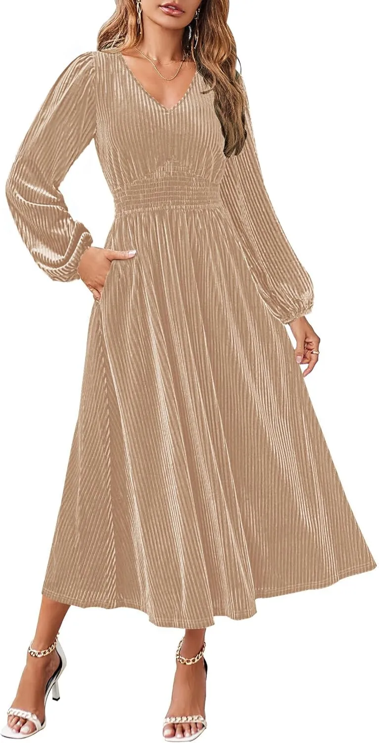ZESICA Women's Velvet Midi Dress Casual V Neck Long Sleeve Solid Color Elastic High Waist Flowy Evening Party Dresses