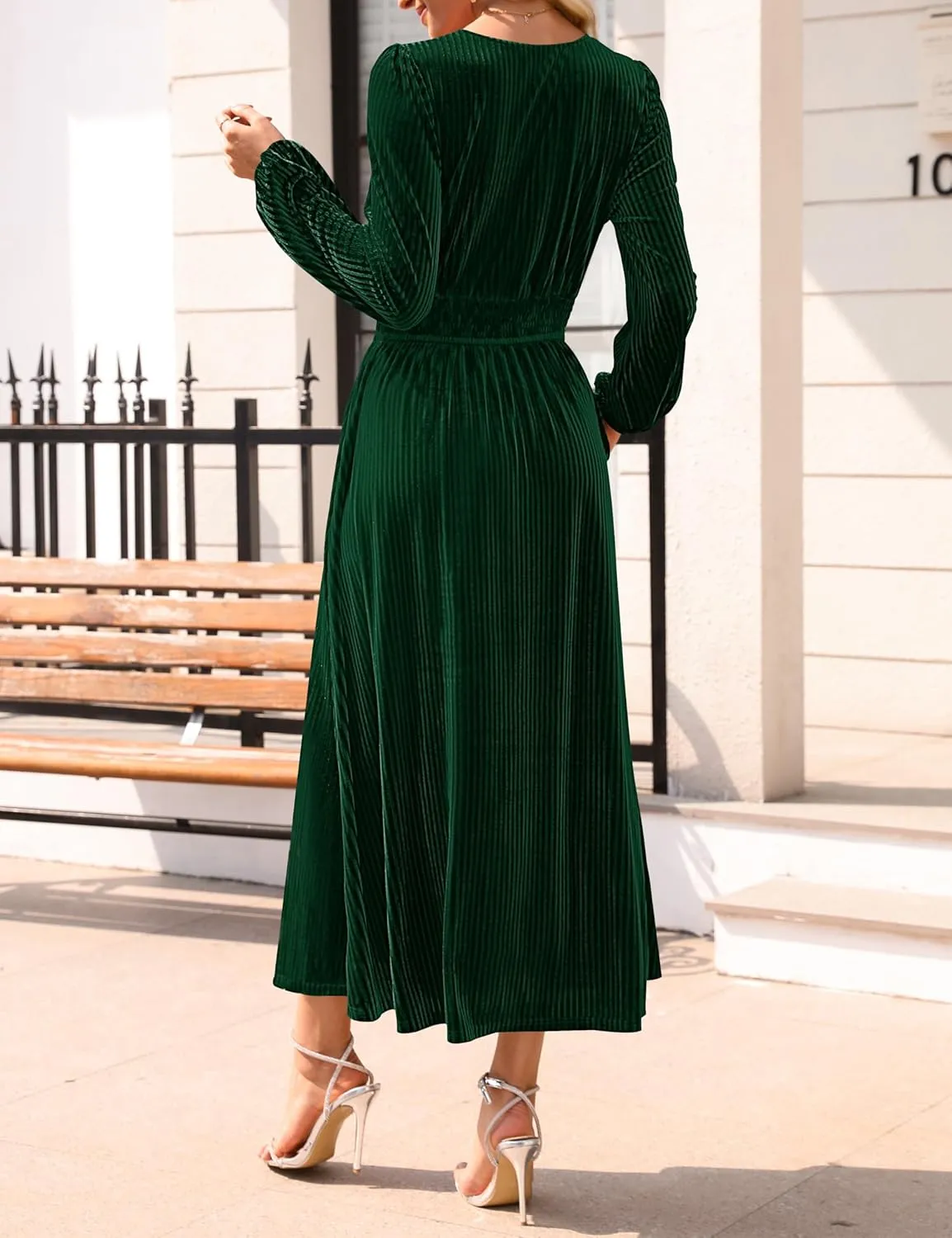 ZESICA Women's Velvet Midi Dress Casual V Neck Long Sleeve Solid Color Elastic High Waist Flowy Evening Party Dresses