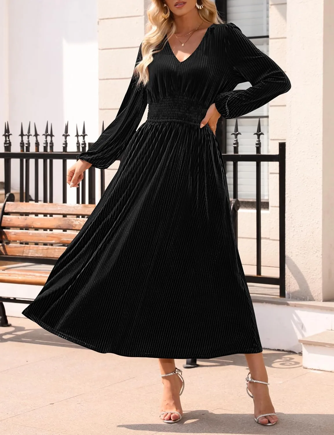 ZESICA Women's Velvet Midi Dress Casual V Neck Long Sleeve Solid Color Elastic High Waist Flowy Evening Party Dresses
