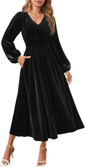 ZESICA Women's Velvet Midi Dress Casual V Neck Long Sleeve Solid Color Elastic High Waist Flowy Evening Party Dresses
