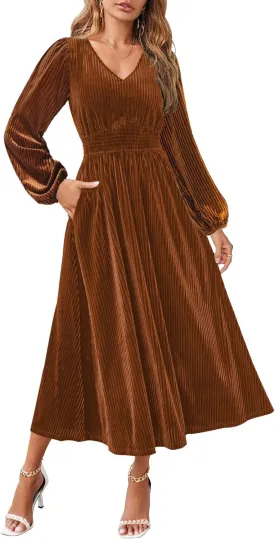 ZESICA Women's Velvet Midi Dress Casual V Neck Long Sleeve Solid Color Elastic High Waist Flowy Evening Party Dresses