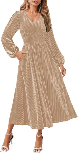 ZESICA Women's Velvet Midi Dress Casual V Neck Long Sleeve Solid Color Elastic High Waist Flowy Evening Party Dresses