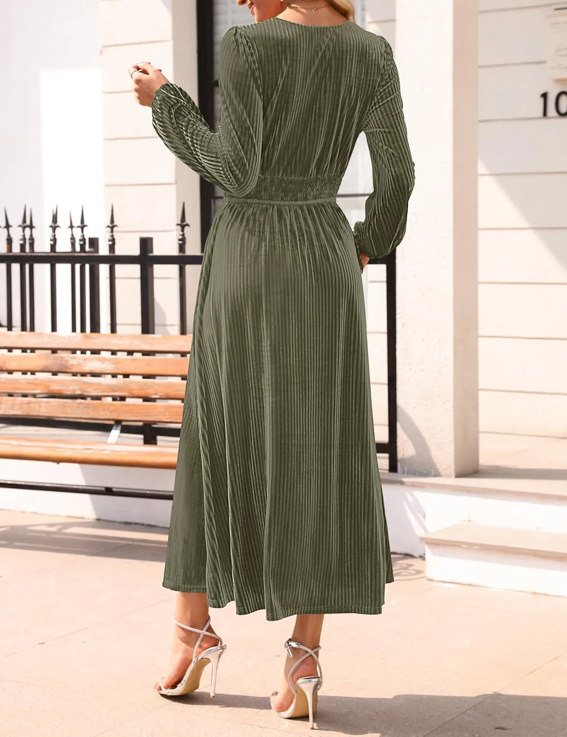 ZESICA Women's Velvet Midi Dress Casual V Neck Long Sleeve Solid Color Elastic High Waist Flowy Evening Party Dresses