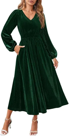 ZESICA Women's Velvet Midi Dress Casual V Neck Long Sleeve Solid Color Elastic High Waist Flowy Evening Party Dresses