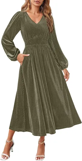 ZESICA Women's Velvet Midi Dress Casual V Neck Long Sleeve Solid Color Elastic High Waist Flowy Evening Party Dresses