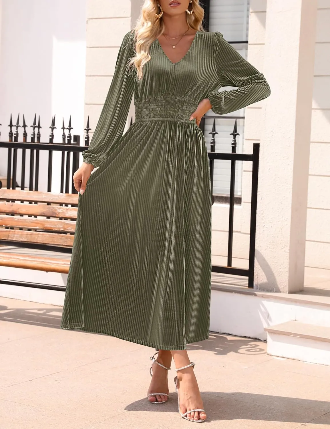 ZESICA Women's Velvet Midi Dress Casual V Neck Long Sleeve Solid Color Elastic High Waist Flowy Evening Party Dresses