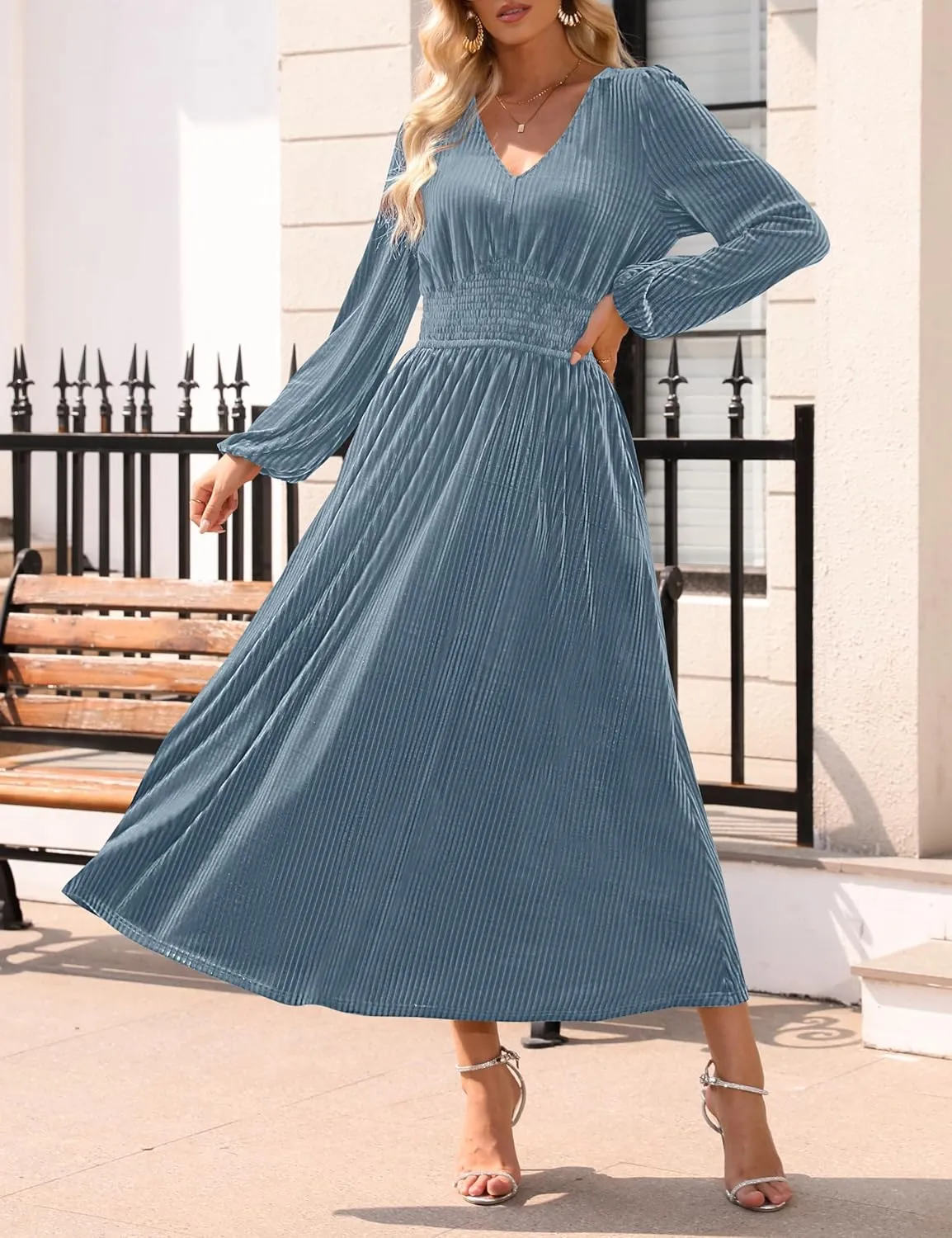 ZESICA Women's Velvet Midi Dress Casual V Neck Long Sleeve Solid Color Elastic High Waist Flowy Evening Party Dresses