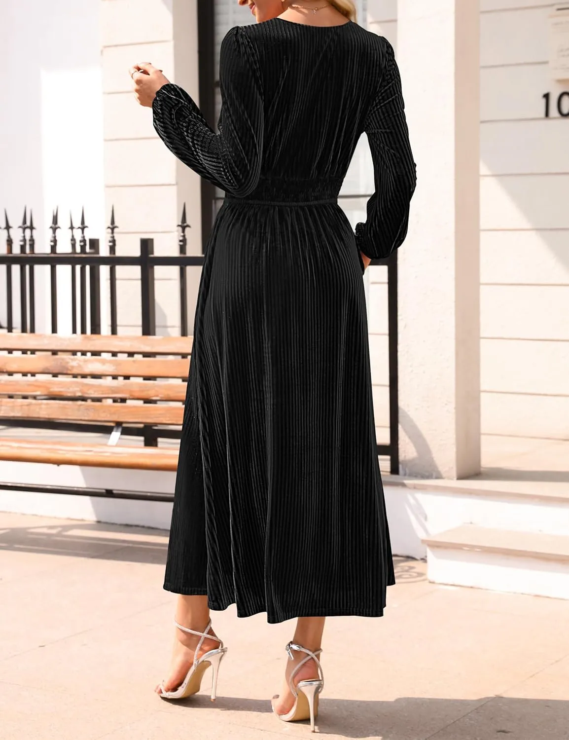 ZESICA Women's Velvet Midi Dress Casual V Neck Long Sleeve Solid Color Elastic High Waist Flowy Evening Party Dresses