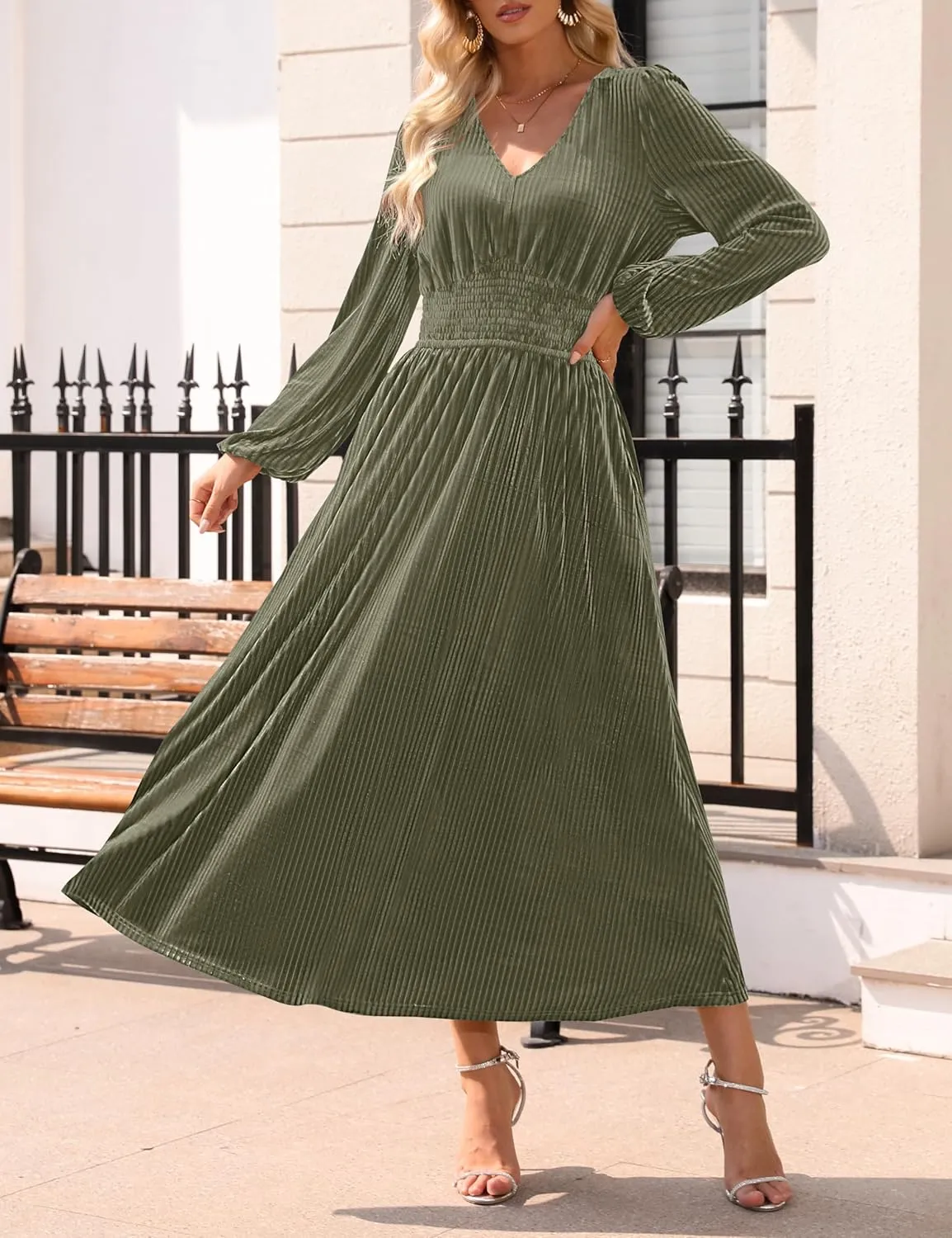 ZESICA Women's Velvet Midi Dress Casual V Neck Long Sleeve Solid Color Elastic High Waist Flowy Evening Party Dresses
