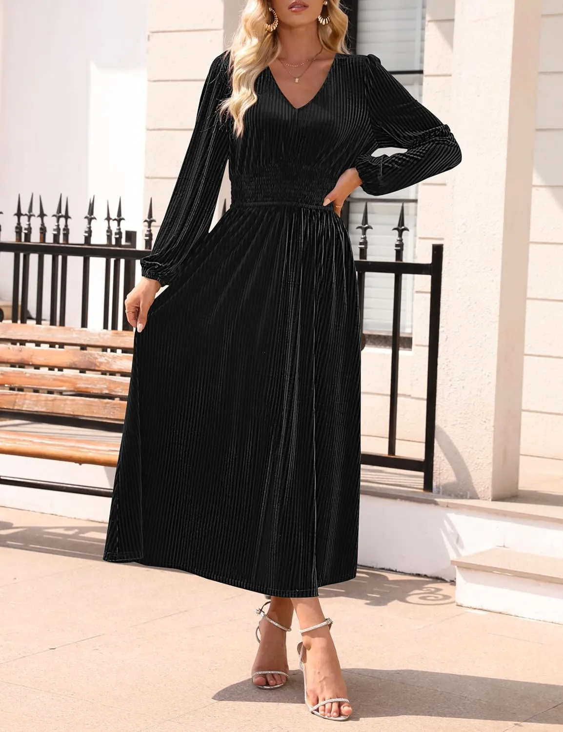 ZESICA Women's Velvet Midi Dress Casual V Neck Long Sleeve Solid Color Elastic High Waist Flowy Evening Party Dresses
