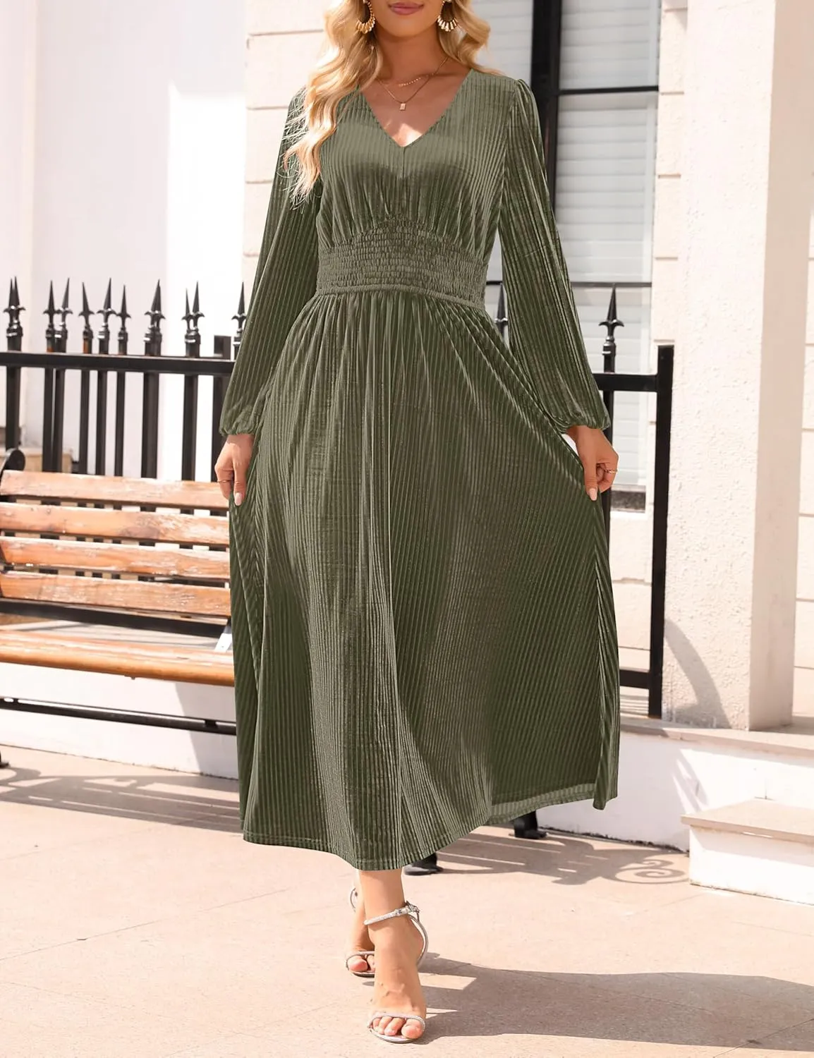 ZESICA Women's Velvet Midi Dress Casual V Neck Long Sleeve Solid Color Elastic High Waist Flowy Evening Party Dresses