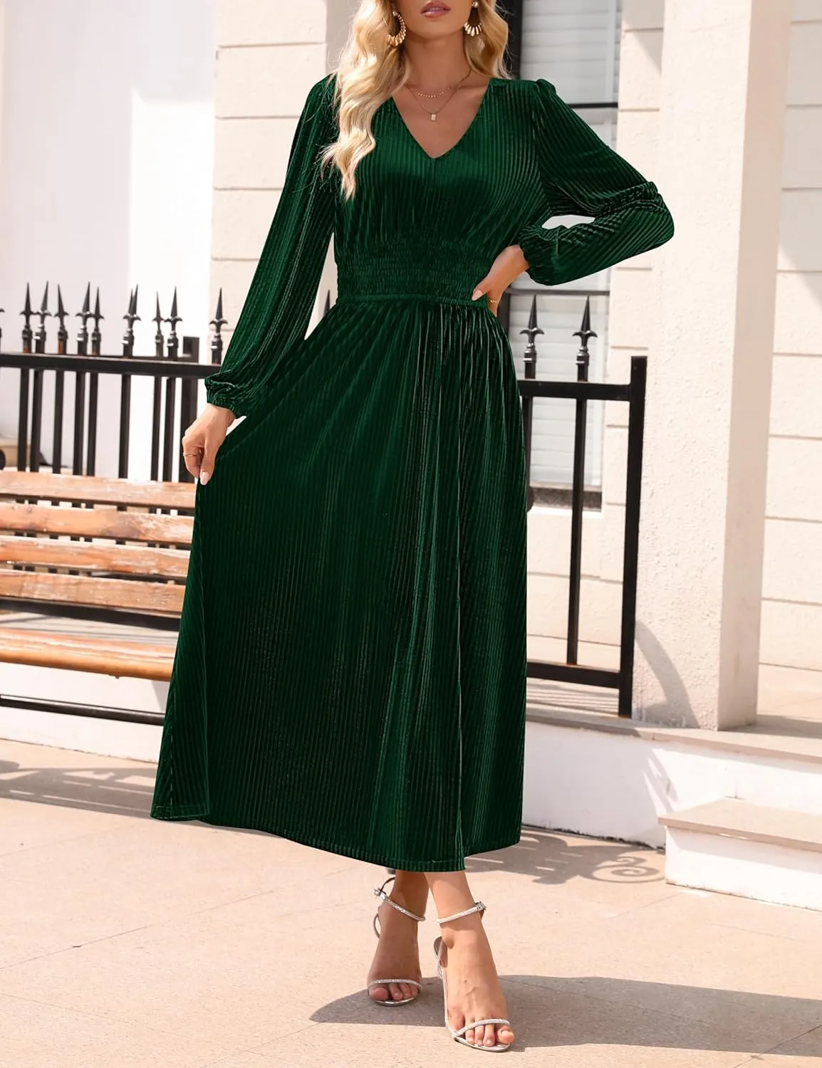 ZESICA Women's Velvet Midi Dress Casual V Neck Long Sleeve Solid Color Elastic High Waist Flowy Evening Party Dresses