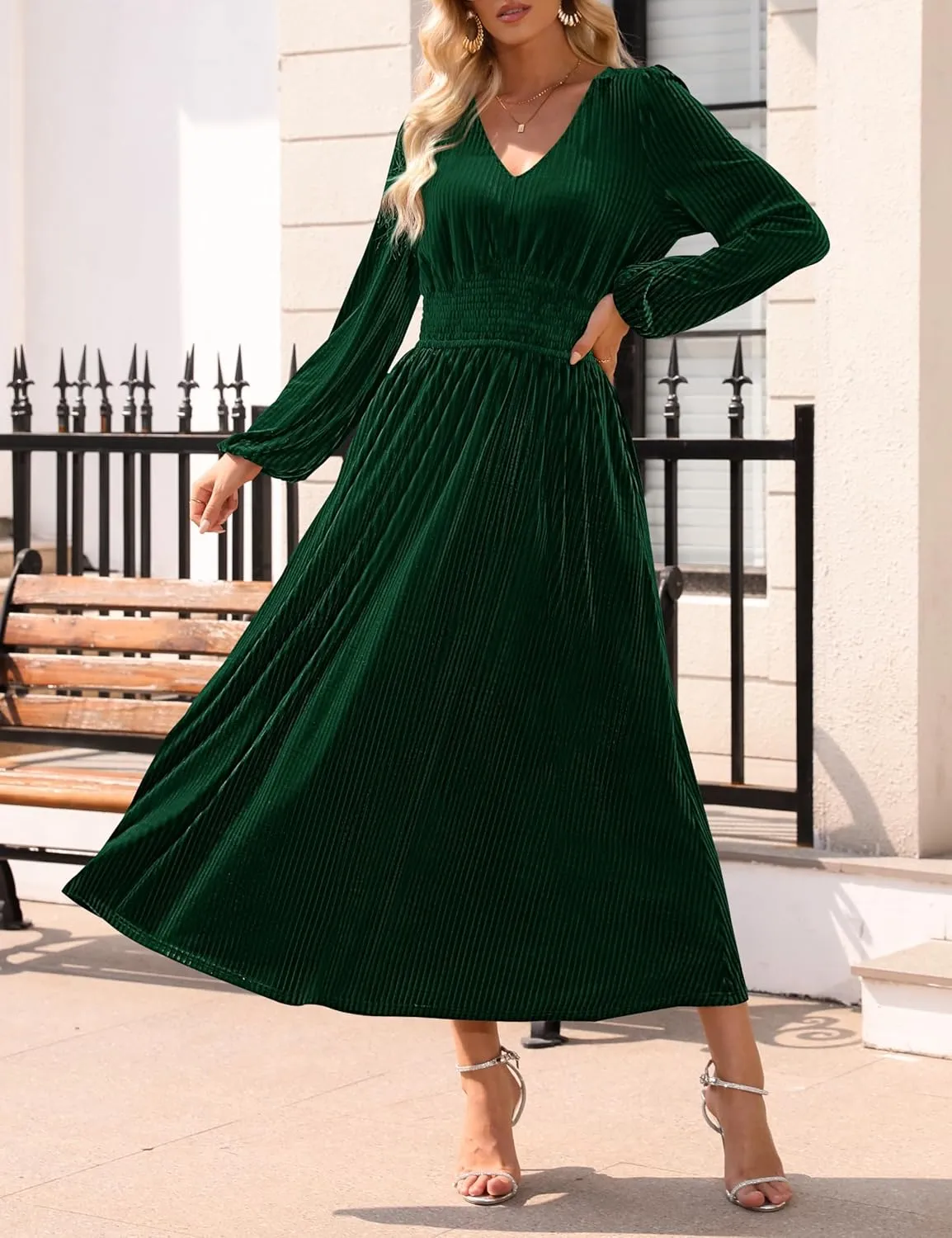 ZESICA Women's Velvet Midi Dress Casual V Neck Long Sleeve Solid Color Elastic High Waist Flowy Evening Party Dresses